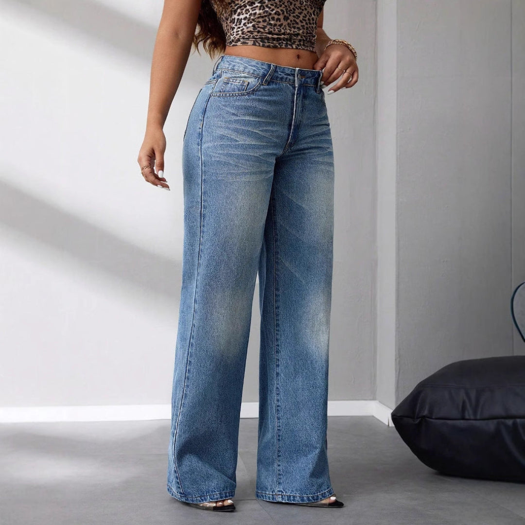 Women Vintage Wash Wide Leg Jeans LionStyle