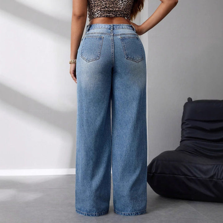 Women Vintage Wash Wide Leg Jeans LionStyle