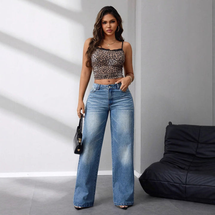 Women Vintage Wash Wide Leg Jeans LionStyle
