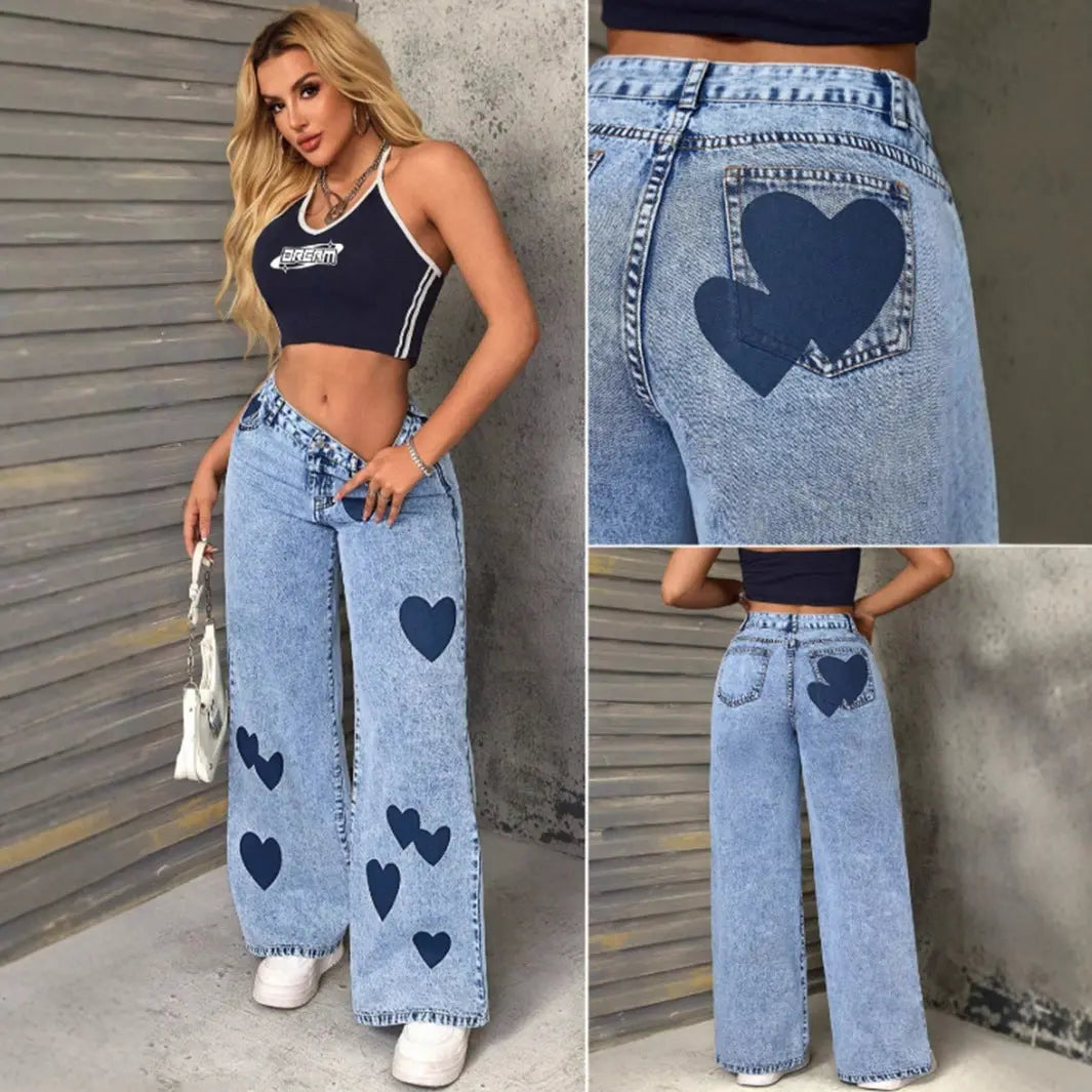 Women Y2K Heart Graphic Denim Jeans LionStyle Lion Style