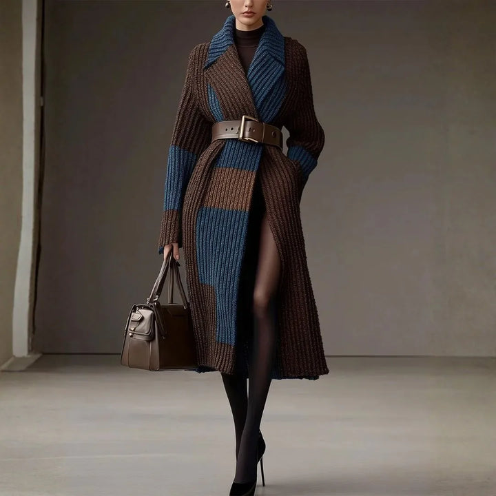 Women’s Colorblock Belted Lapel Knit Cardigan