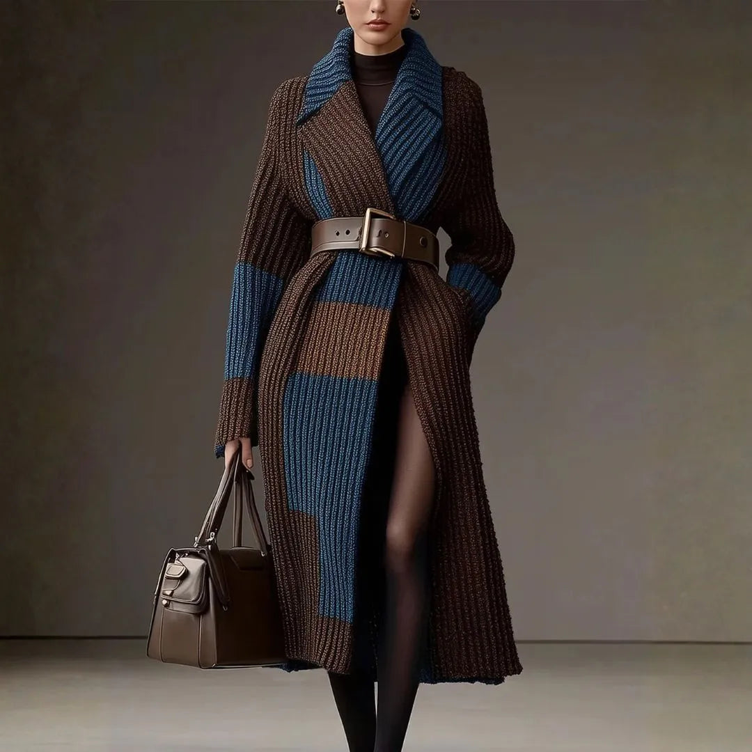 Women’s Colorblock Belted Lapel Knit Cardigan