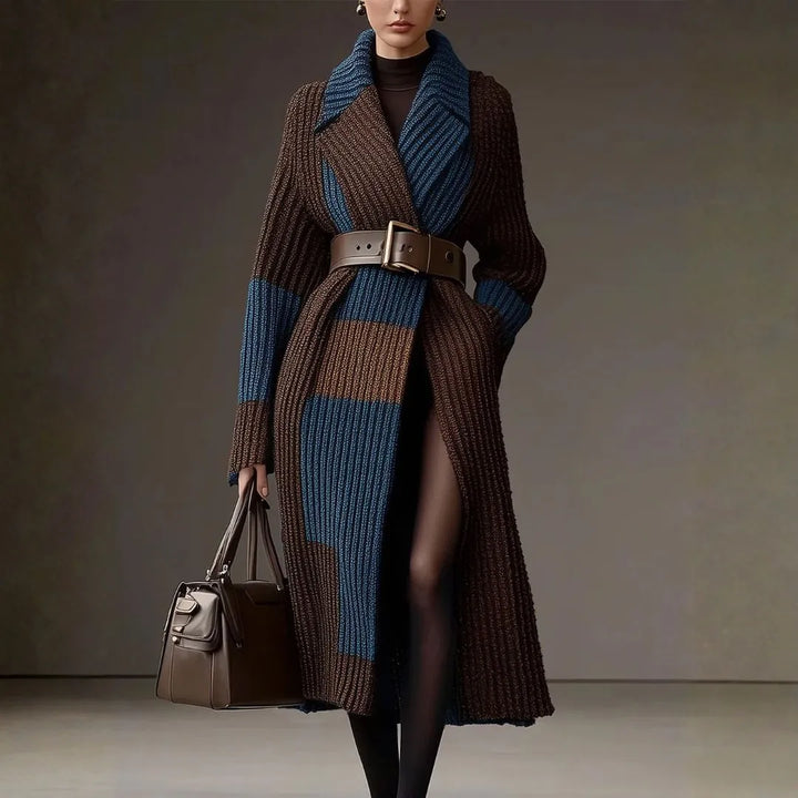 Women’s Colorblock Belted Lapel Knit Cardigan