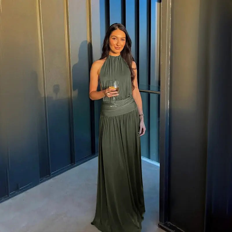 Women's Elegant Maxi Dress with High Collar and Flowing Fabric WW 0