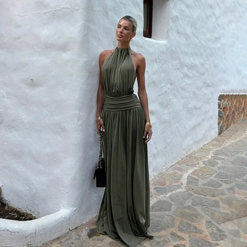 Women's Elegant Maxi Dress with High Collar and Flowing Fabric WW 1