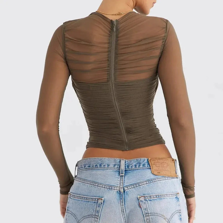 Women’s Mesh Criss-Cross Ruched Long Sleeve Top