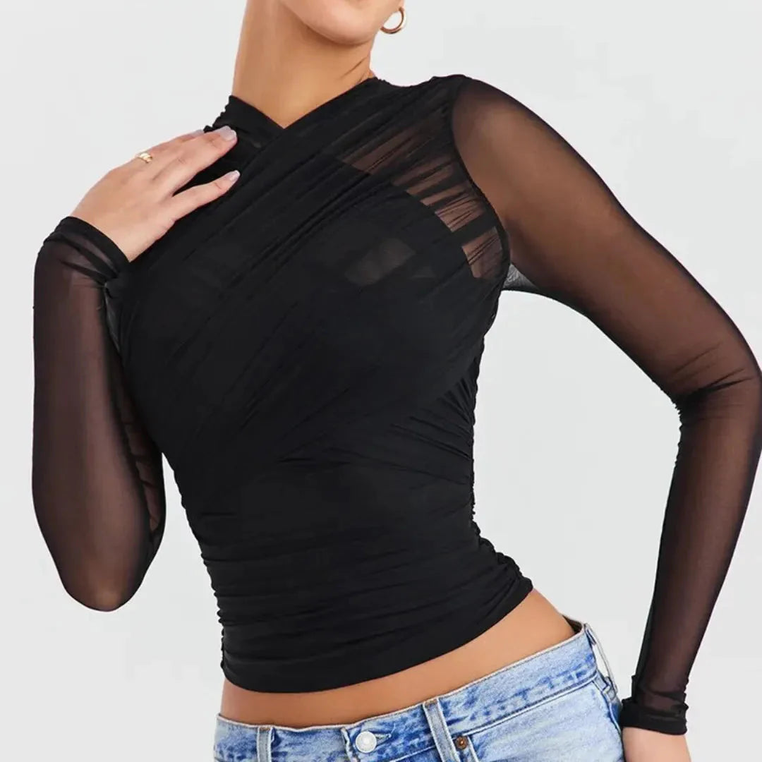 Women’s Mesh Criss-Cross Ruched Long Sleeve Top