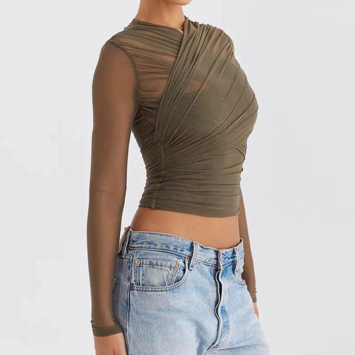 Women’s Mesh Criss-Cross Ruched Long Sleeve Top