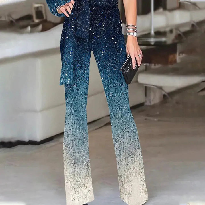Women’s One-Shoulder Ombre Sparkle Belted Jumpsuit