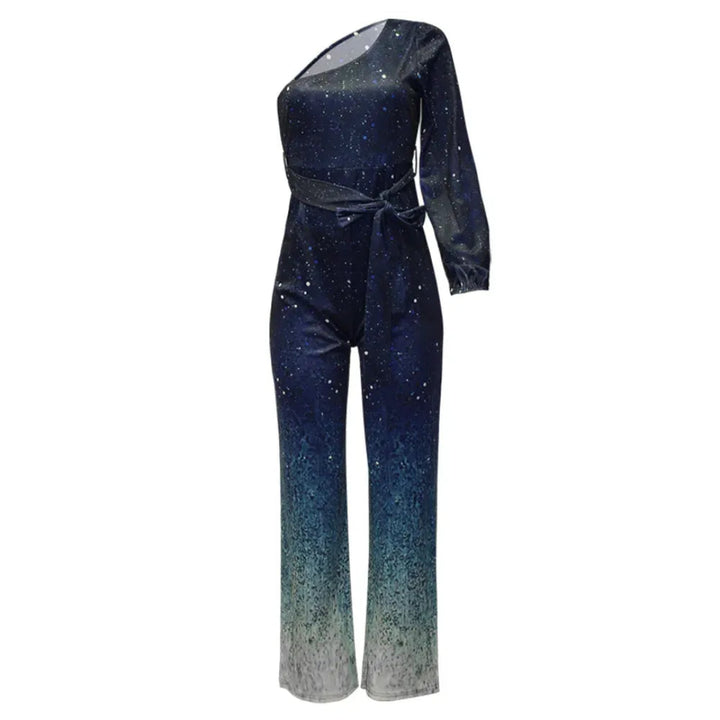Women’s One-Shoulder Ombre Sparkle Belted Jumpsuit