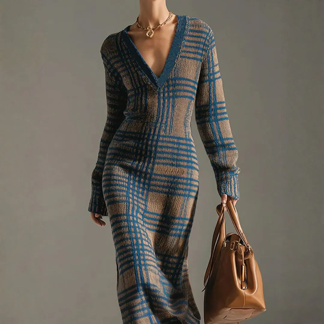 Women's Plaid V-Neck Maxi Knit Dress