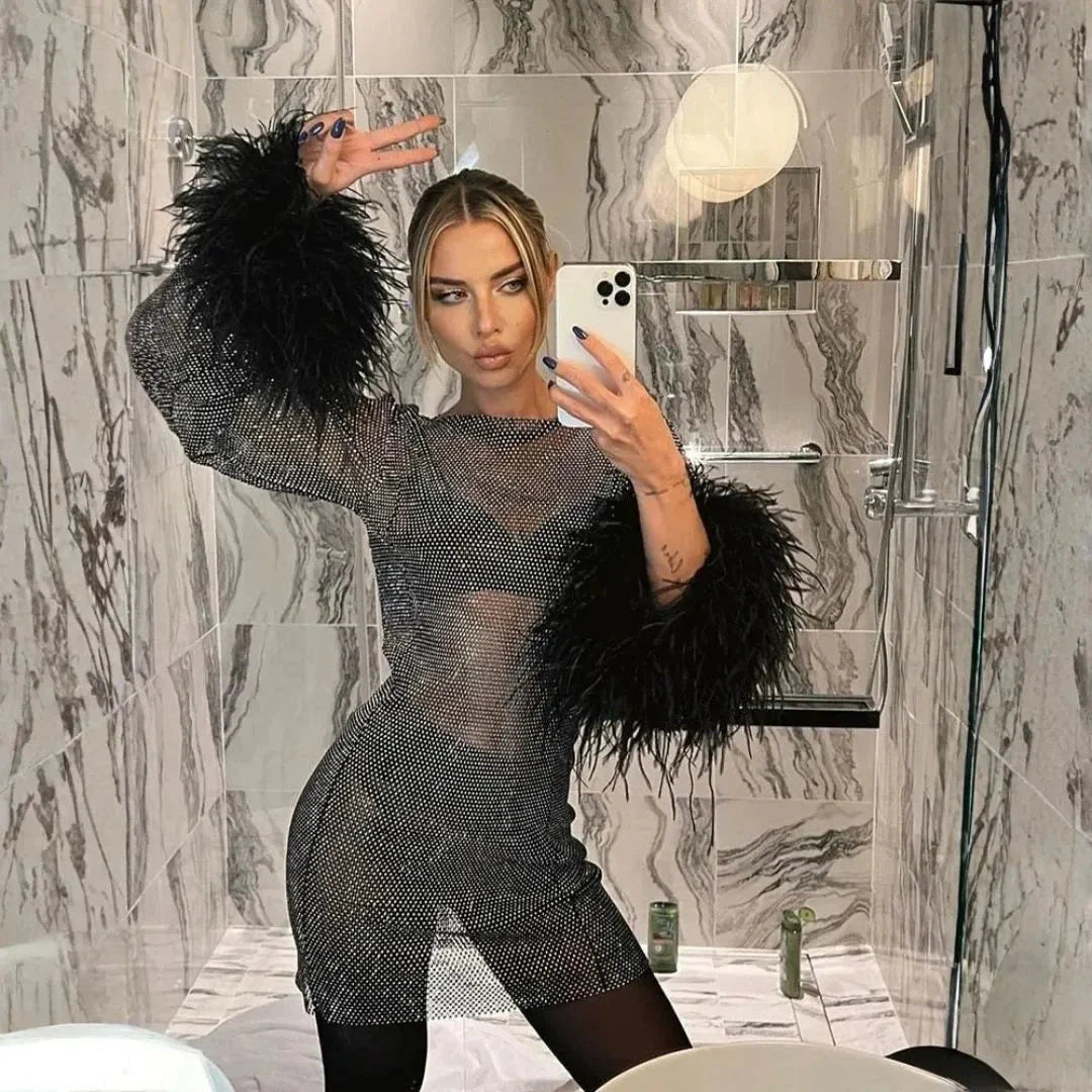 Women’s Sparkling Feather Cuff Mini Dress