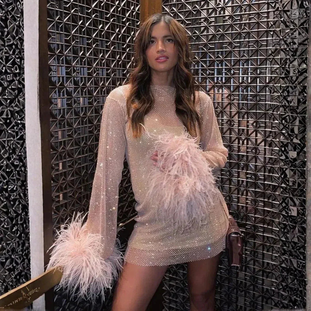 Women’s Sparkling Feather Cuff Mini Dress
