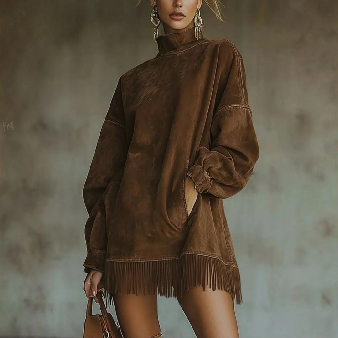 LS | Women’s Suede Balloon Sleeve Tassel Mini Dress