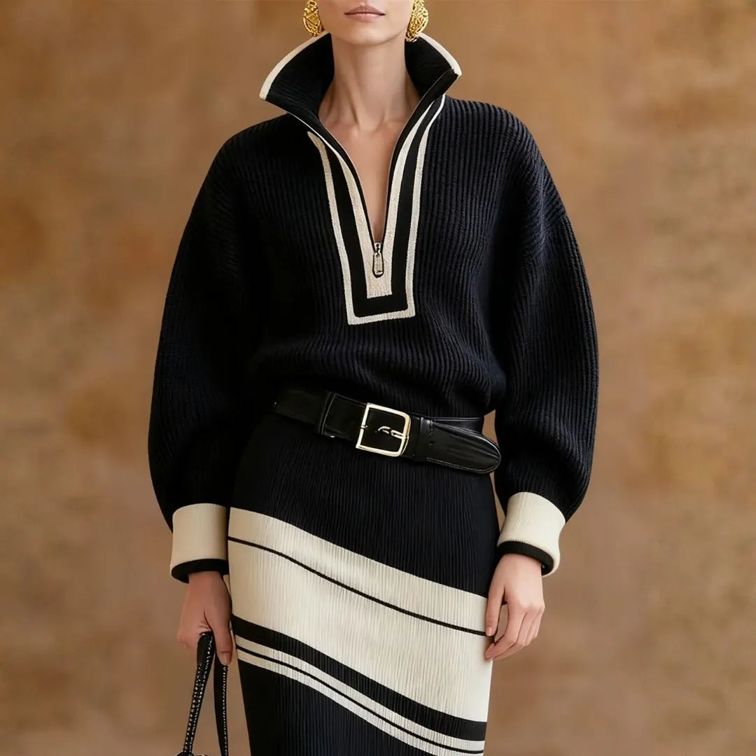 Women’s Two-Tone Ribbed Mock-Neck Zip Sweater