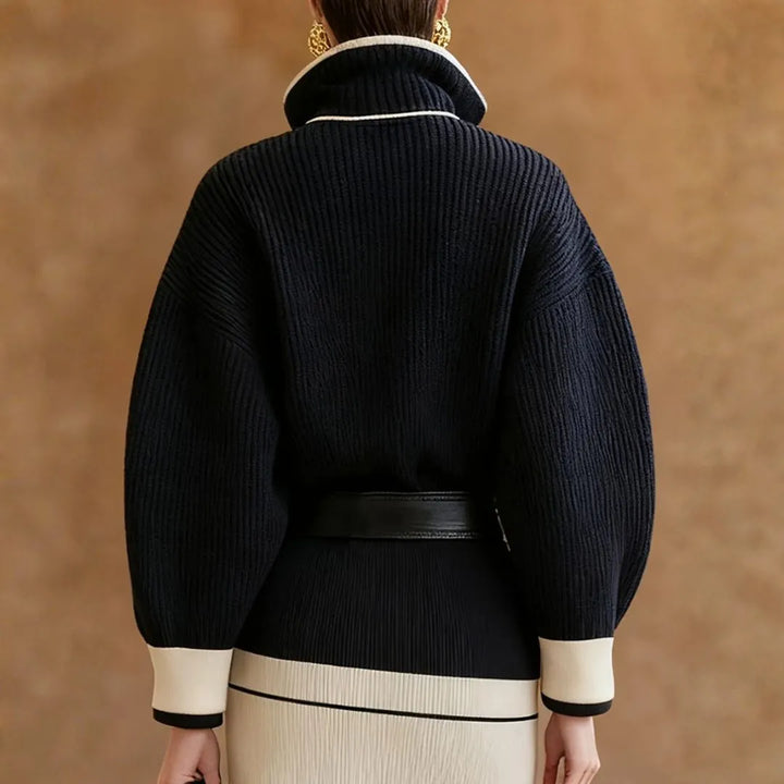 Women’s Two-Tone Ribbed Mock-Neck Zip Sweater