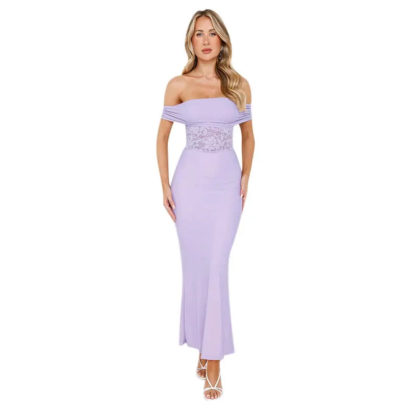 Women's elegant maxi dress with off-shoulder design and fine lace detailing WW 4