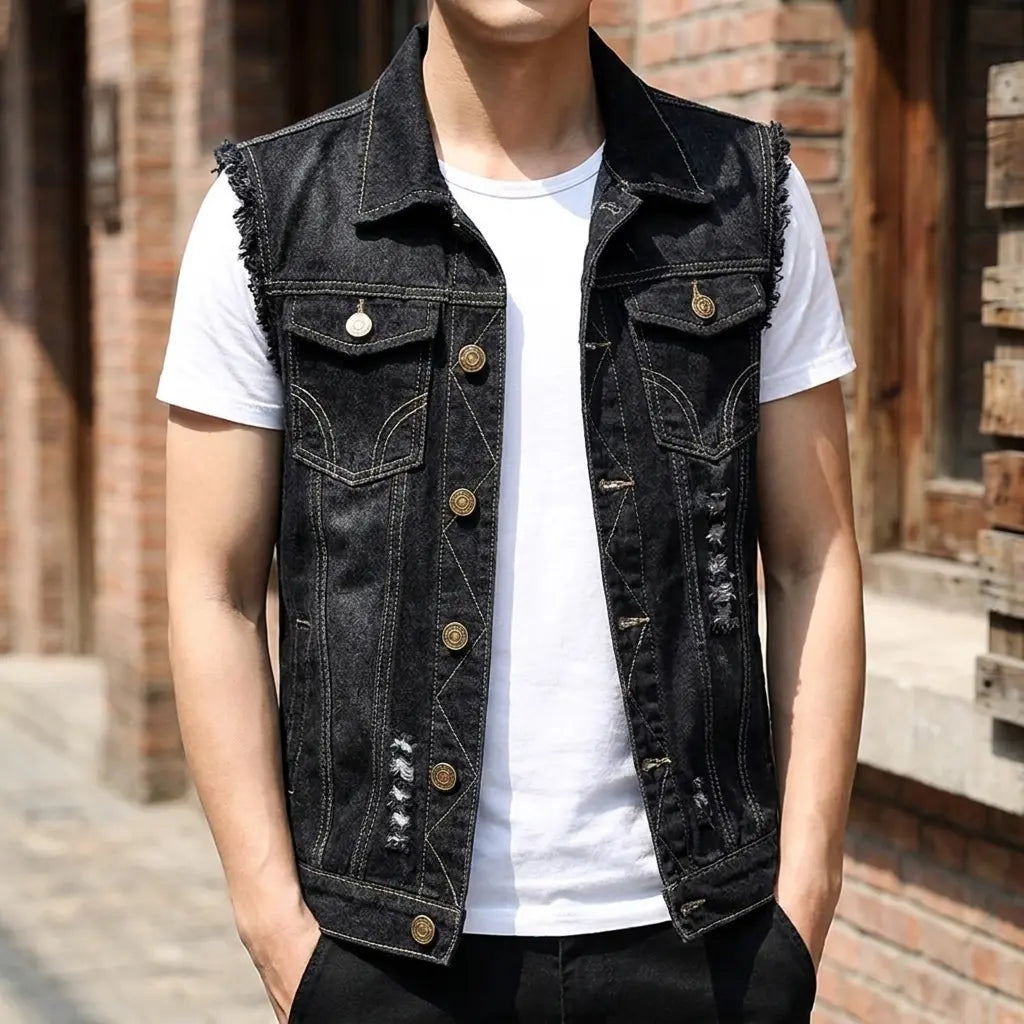 Lion Style | Washed Denim Vest | Distressed Lion Style