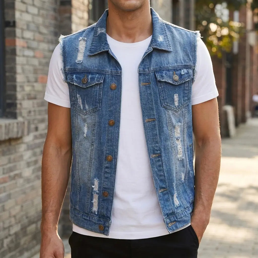 Lion Style | Washed Denim Vest | Distressed Lion Style