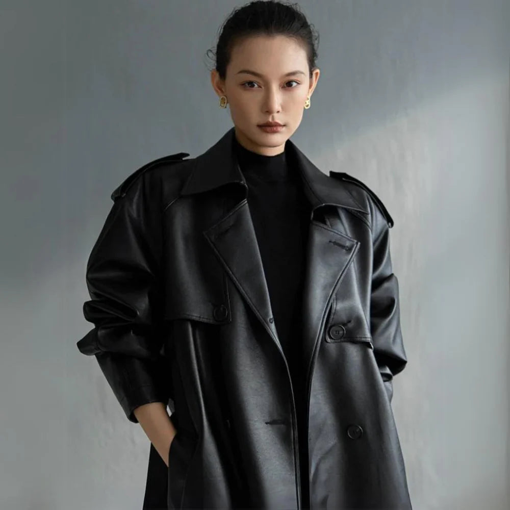 Elara Noir Leather Trench Coat