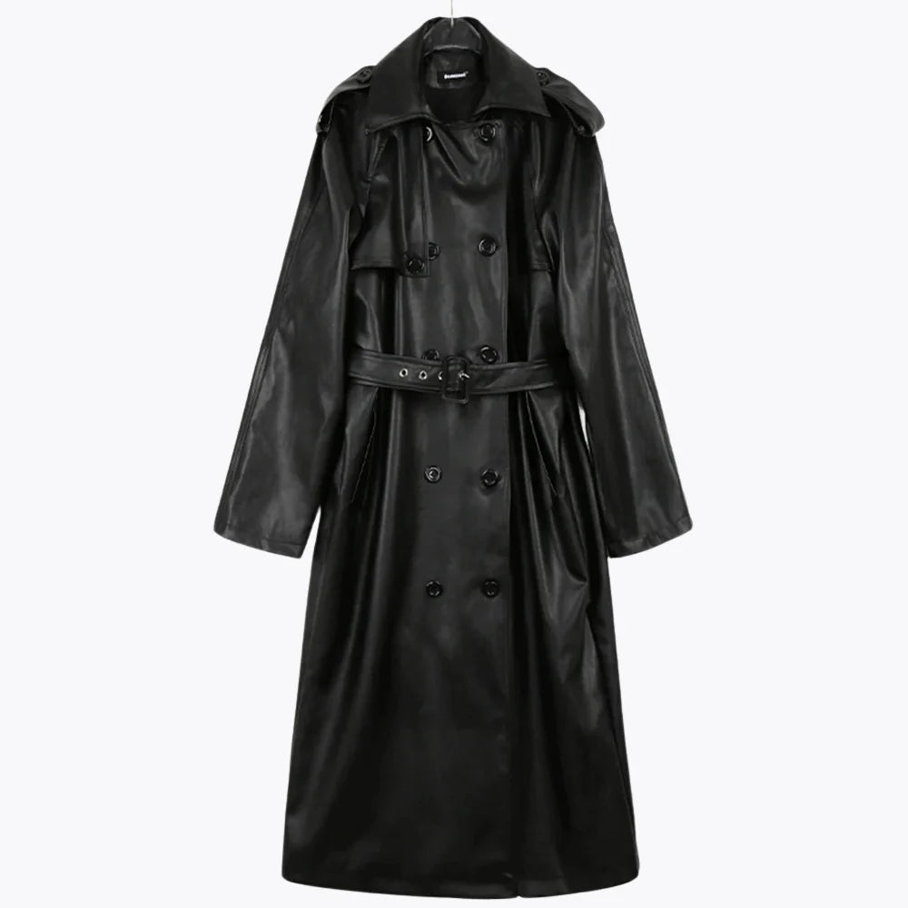 Elara Noir Leather Trench Coat