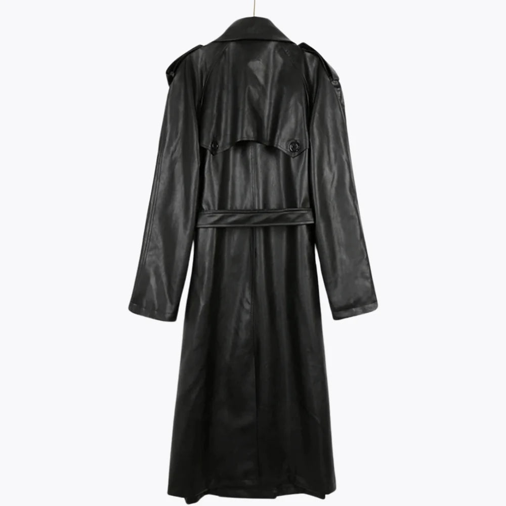 Elara Noir Leather Trench Coat