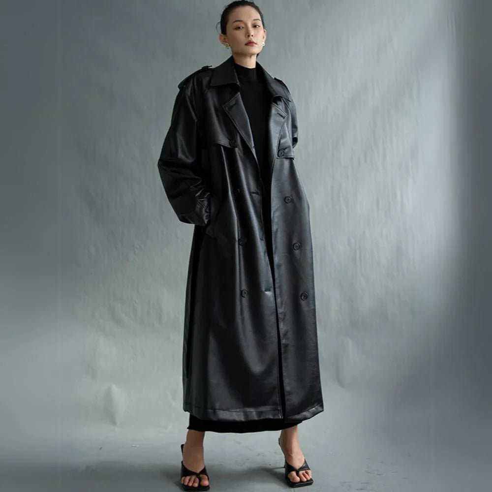 Elara Noir Leather Trench Coat