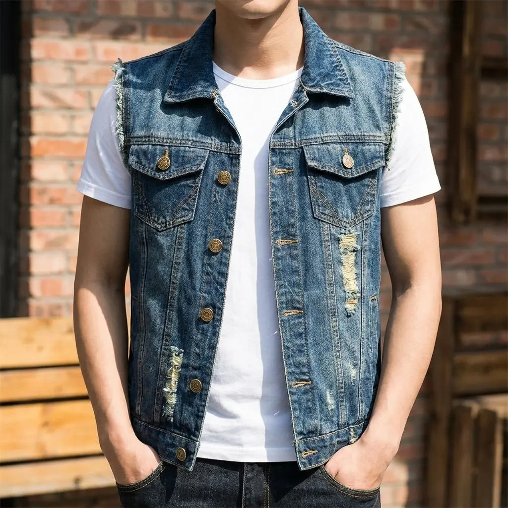 Lion Style | Washed Denim Vest | Distressed Lion Style