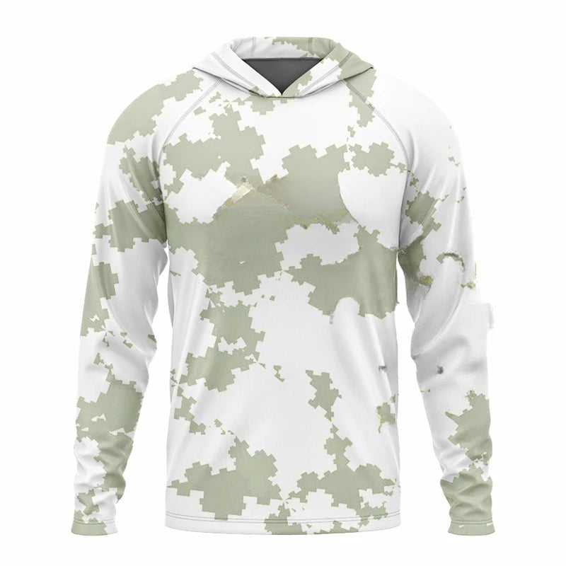 Camouflage hoodie with white and green pattern on a white background